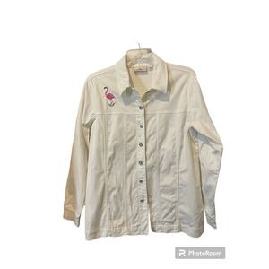 QUACKER FACTORY White Denim Flamingo Embroidered Jacket Sz Small